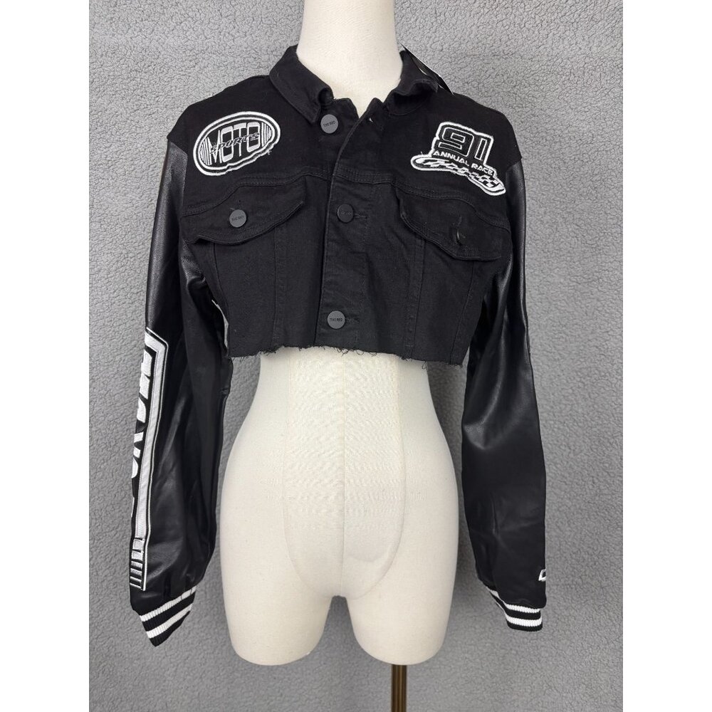 Smoke Rise Red Women's Cropped Black Moto Jacket Faux Leather Sleeves Large NWTs